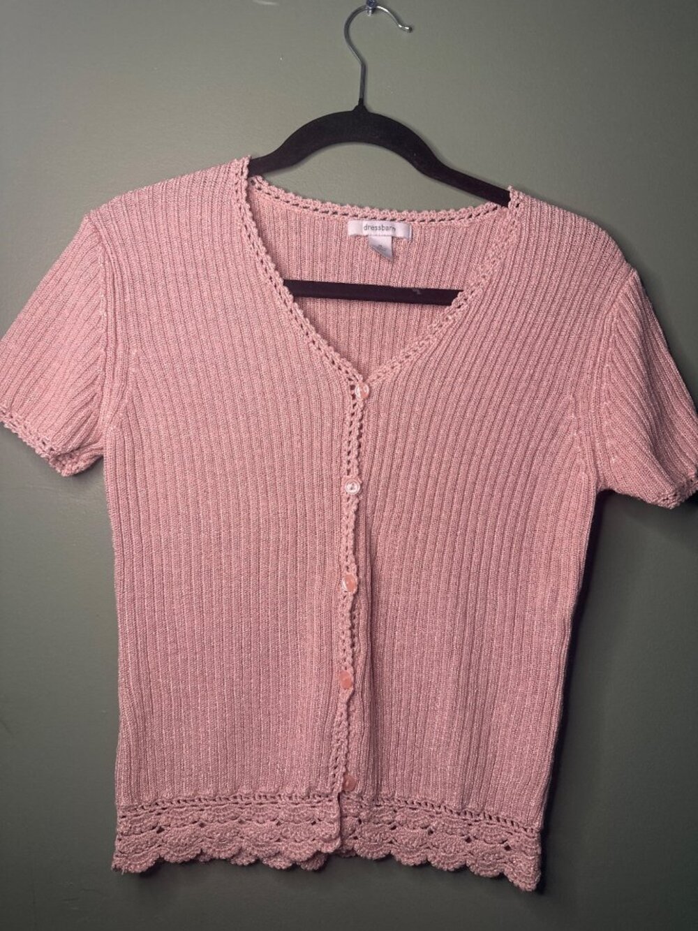 Dressbarn Size M Silk Rayon Pink Embroidered Hem Button Knit Top coquette preppy